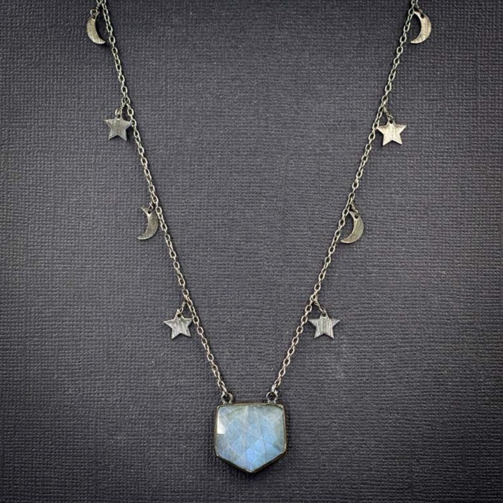 Labradorite Pentagon Pendant on Moon and Star Chain – C